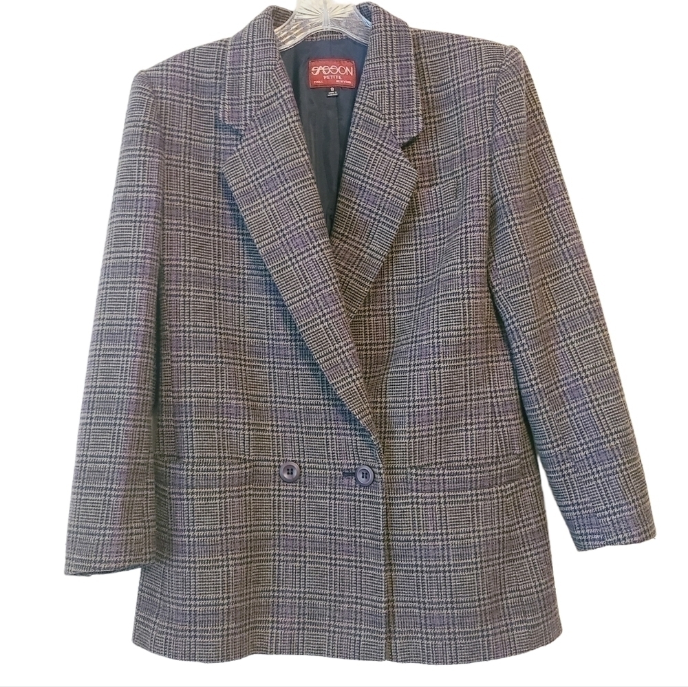 Sasson Petite | Women's Vintage Plaid Wool Blend Double Button Blazer (Size 8)